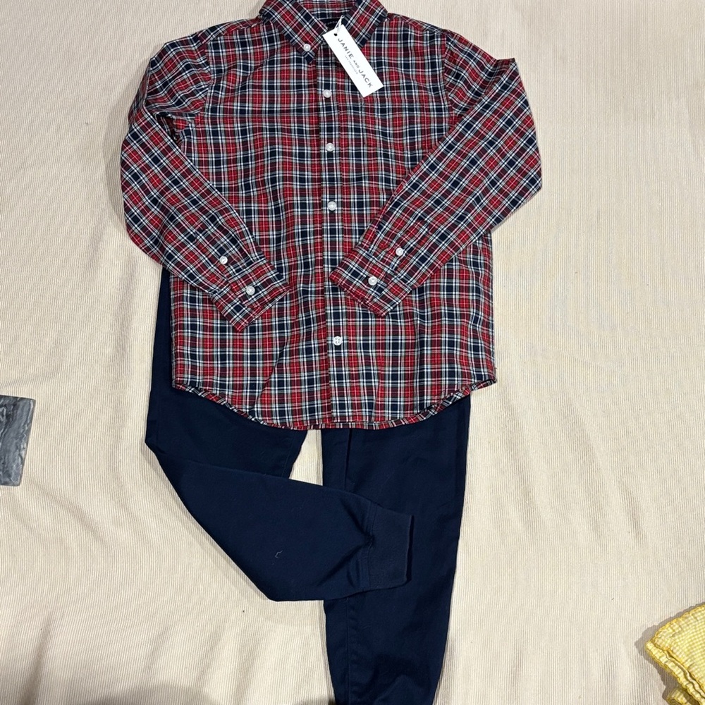 Janie and Jack Red Plaid Shirt with Navy Trousers